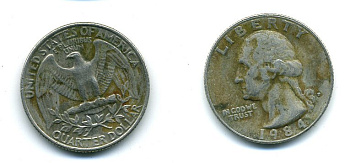 США 25 центов (квотер) 1984 P, Вашингтон KM A164a медь плакированная медно-никелем 57-944