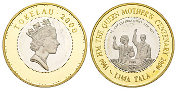 Токелау 5 тала 2000 55 лет Победе, тираж 10.000 экземпляров KM 26 серебро с золотым покрытием PROOF 3896-1011
