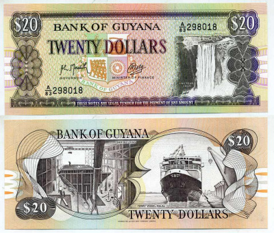 ГАЙАНА 20 ДОЛЛАРОВ 1989 ПОДПИСЬ 9, ВОДОПАД КАЙЕТУР, ПОРТ, КОРАБЛЬ Pick 27 бумага UNC (ПРЕСС) 3295-15-1