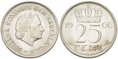 Нидерланды 25 центов 1966 Юлиана (1949-1980) KM 183 никель 214-945