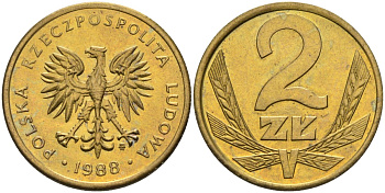 Польша 2 злотых 1988 MW KM 80.2, Parchimowicz 218c латунь UNC 4580-761
