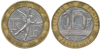 Франция 10 франков 1990 тип Гений Бастилии KM 964.1, Le Frank 375.5 биметалл 45-713