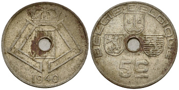 Бельгия 5 сантимов 1940 Belgie - Belgique KM 111 никель латунь 4548-1157