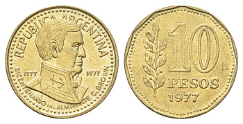 Аргентина 10 песо 1977 200 лет со дня рождения Гильермо Брауна KM 74 алюминиевая бронза UNC 4662-735