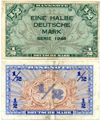 ФРГ 1/2 марки 1948 первый послевоенный выпуск Pick 1a бумага 7217-99-2-2