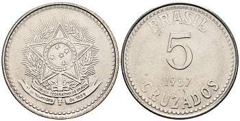 Бразилия 5 крузадо 1987 реформа (1986-1989) KM 606 нержавеющая сталь 87-536