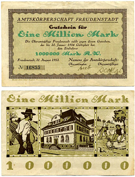 ФРОЙДЕНШТАДТ 1000000 марок (1 миллион) 1923 31 августа 1923 - 31 января 1924, нотгельд, земля Баден-ВЮРТЕМБЕРГ, AMTSKORPERSCHAFT FREUDENSTADT Keller 1610 бумага 7191-57-1-2