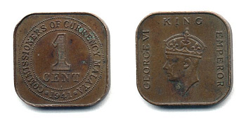 Британская Малайя 1 цент 1941 Георг VI (1937-1952) KM 2 бронза 25-445