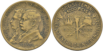 Бразилия 1000 реалов 1922 100 лет независимости Бразилии KM 522.1 алюминиевая бронза     63-234