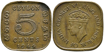 ЦЕЙЛОН 5 ЦЕНТОВ 1944 ГЕОРГ VI (1937-1952) KM 113.2 никель латунь 4549-548