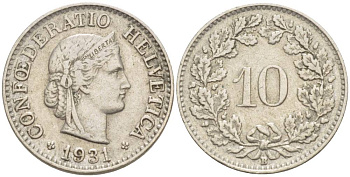 ШВЕЙЦАРИЯ 10 РАППЕНОВ 1931 В KM 27 медно-никель 216-1222
