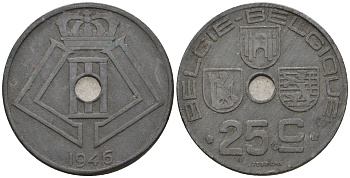 Бельгия 25 сантимов 1946 Belgie - Belgique KM 132 цинк 259-1032