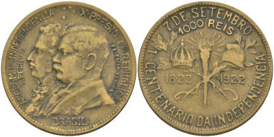 Бразилия 1000 реалов 1922 100 лет независимости Бразилии KM 522.1 алюминиевая бронза     63-234