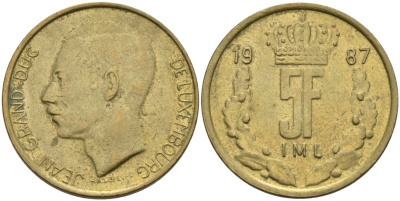 Люксембург 5 франков 1987 Герцог Жан (1964-1999) KM 60 алюминиевая бронза 4573-726