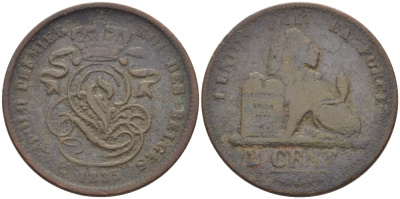 БЕЛЬГИЯ 2 САНТИМА 1835 BELGES KM 4.2 медь 4448-634