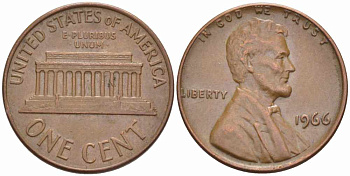 США 1 ЦЕНТ 1966 ЛИНКОЛЬН KM 201 медь цинк 105-568