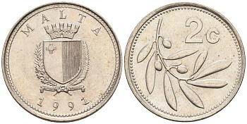 Мальта 2 цента 1991 оливковая ветвь KM 94 медно-никель 4585-1266