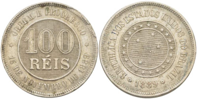БРАЗИЛИЯ 100 РЕЙС 1889 РЕСПУБЛИКА KM 483 медно-никель 4529-535
