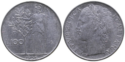 ИТАЛИЯ 100 ЛИР 1956 R, АФИНА KM 96.1 нержавеющая сталь 3334-932