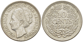 Нидерланды 10 центов 1944 Вильгельмина (1890-1948) KM 163 серебро aUNC 46-1213