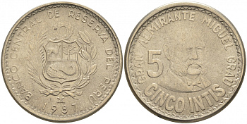 Перу 5 инти 1987 Мигель Грау KM 300 медно-никель UNC 181-932