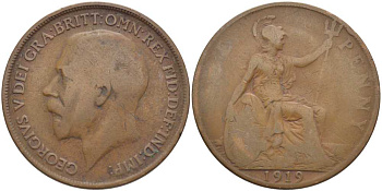 Великобритания 1 пенни 1919 Георг V (1910-1936) KM 810, Spink 4051 бронза 115-135