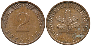 ФРГ 2 ПФЕННИГА 1974 G KM 106a, J.381a сталь плакированная сталь плакированная медьюю 39-817