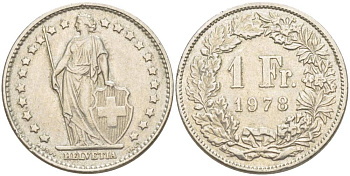 ШВЕЙЦАРИЯ 1 ФРАНК 1978 KM 24а.1 медно-никель 4544-433