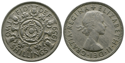 Великобритания 2 шиллинга (флорин) 1959 Елизавета II (1952-2022) KM 906, Spink 4146 медно-никель 4382-212