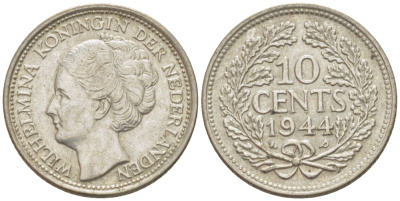 Нидерланды 10 центов 1944 Вильгельмина (1890-1948) KM 163 серебро aUNC 46-1213