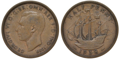 Великобритания 1/2 пенни 1938 Георг VI (1936-1952) KM 844, Spink 4115 бронза 4128-853