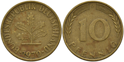 ФРГ 10 пфеннигов 1970 D J. 383, KM 108 сталь плакированная латунью    4603-344
