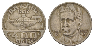 Бразилия 400 реалов 1937 Освалду Крус KM 539 медно-никель 4624-1242