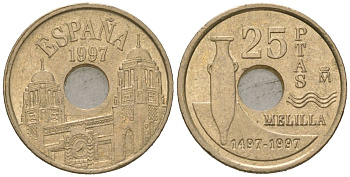 Испания 25 песет 1997 Мелилья (Melilla), Хуан Карлос I (1975-2014) KM 983 алюминиевая бронза UNC 4618-841