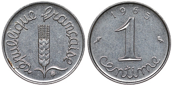 Франция 1 сантим 1965 пятая республика KM 928, Le Franc 106.10 нержавеющая сталь 4124-362