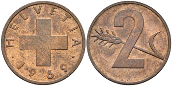 Швейцария 2 раппена 1969 KM 47 бронза 4592-611