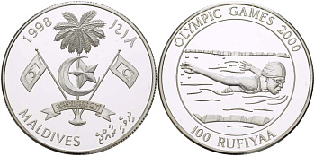 Мальдивские острова 100 руфий 1998 Олимпийские игры в Сиднее 2000 года, плавание KM 98 серебро PROOF 1074-5-21
