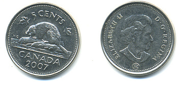 Канада 5 центов 2007 Елизавета II (1952-2022), бобер KM 491 сталь плакированная никелем 177-1263