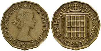 Великобритания 3 пенса 1955 Елизавета II (1952-2022) KM 900, Spink 4153 никель латунь 4187-1045