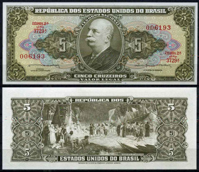 Бразилия 5 крузейро 1964 серия 3729, ESTAMPA 2A, Барао до Рио Бранко, подпись 13 Pick 176c бумага UNC (пресс) 447-15-1
