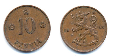 Финляндия 10 пенни 1938 KM 24 медь 51-5642