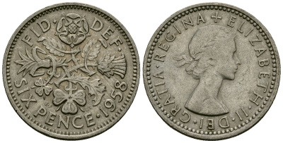 Великобритания 6 пенсов 1958 Елизавета II (1952-2022) KM 903, Spink 4149 медно-никель 4174-214