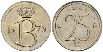 Бельгия 25 сантимов 1973 Belgie, Бодуэн I (1951-1993 KM 154.1 медно-никель 4528-1015