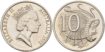 Австралия 10 центов 1998 Елизавета II (1953-), птица лирахвост KM 81 медно-никель 4141-116