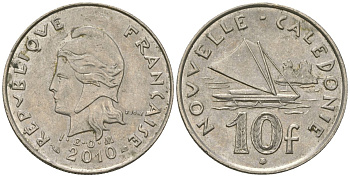 Французская Новая Каледония 10 франков 2010 рыбачья парусная лодка, (IEOM) KM 11a, Schoen 13a, Lec 99k медно-никель 63-415