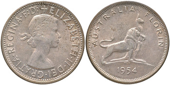 Австралия 1 флорин = 2 шиллинга 1954 Королевский визит в Австралию, Елизавета II (1952-2022), английский лев и кенгуру KM 55 серебро 81-441