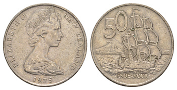 Новая Зеландия 50 центов 1975 Елизавета II (1952-2022), парусник Индевор KM 37.1 медно-никель 4645-1143