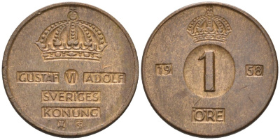 Швеция 1 эре 1958 Густав VI Адольф (1950-1973) KM 820 бронза 4580-1058