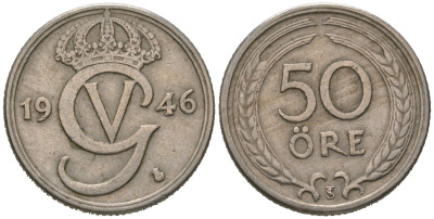 Швеция 50 эре 1946 TS, Густав V (1907-1950) KM 796 никель бронза 4621-334