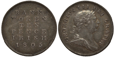 Ирландия 10 пенсов 1805 банковский токен, Георг III (1760-1820) KM Tn3, Spink 6615 серебро 11-119-47